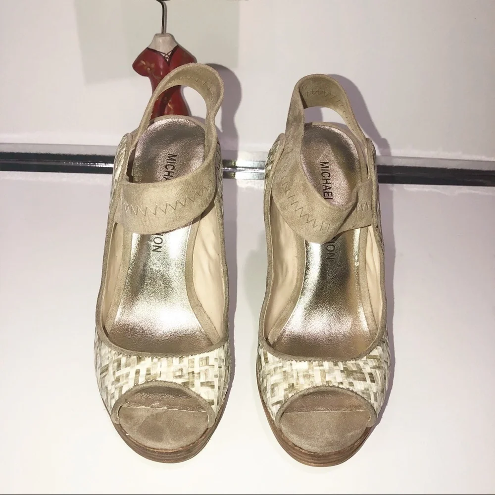 Michael Shannon “Cindy” basket weave/ suede heel.